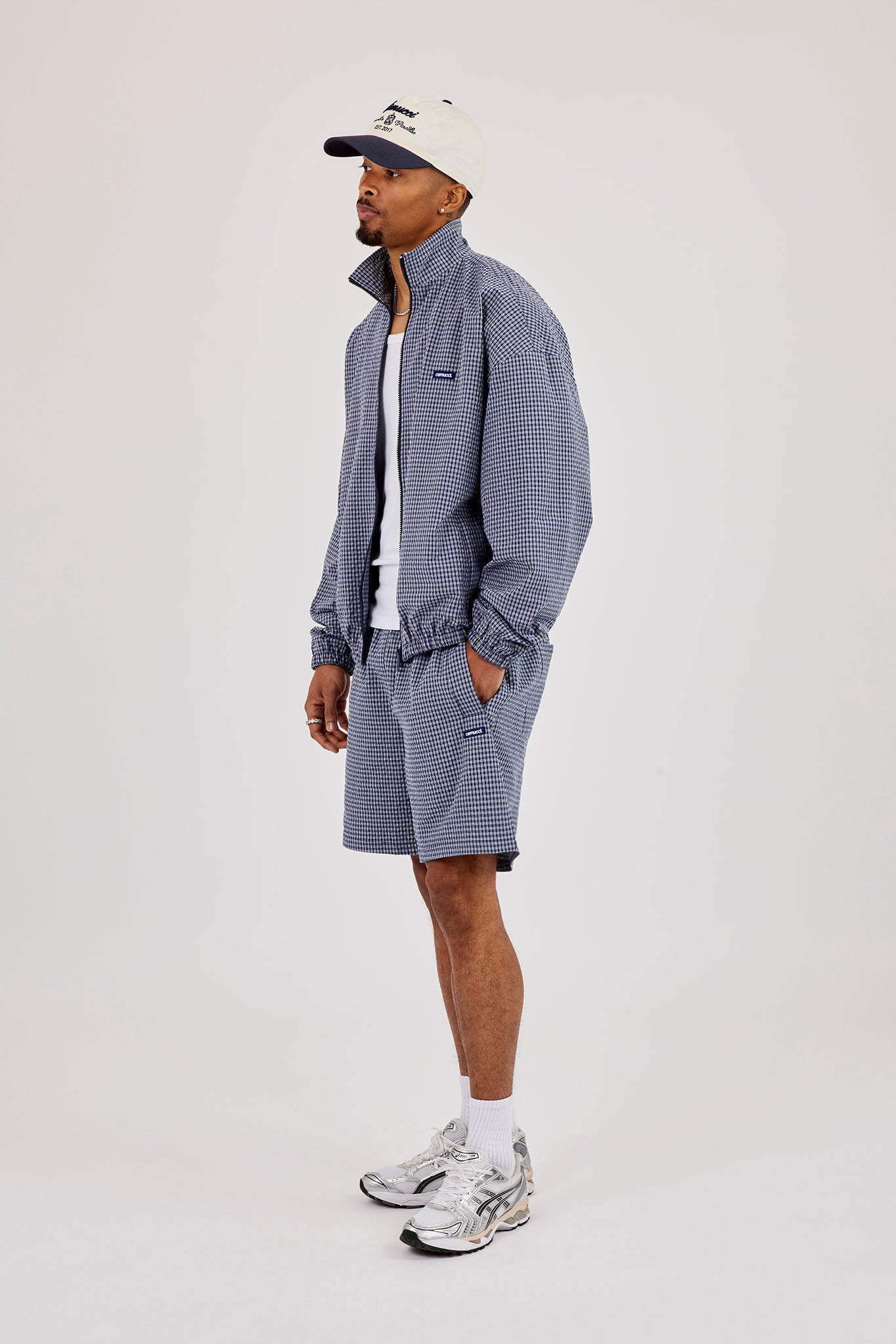 Check Funnel Neck Zip Jacket & Relaxed Check Short - Navy